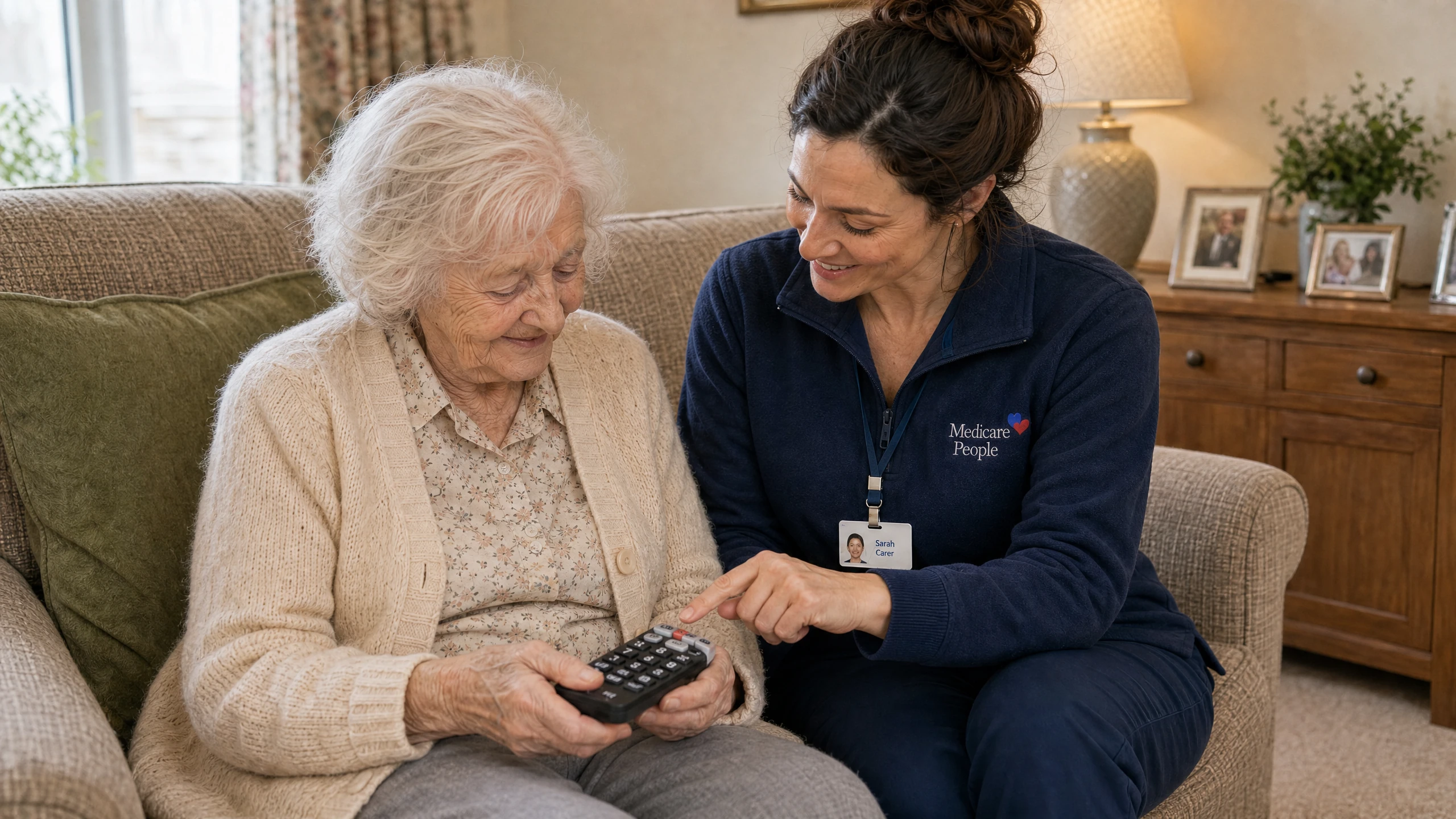 Live-in carer showing an older woman how to use her mobile phone