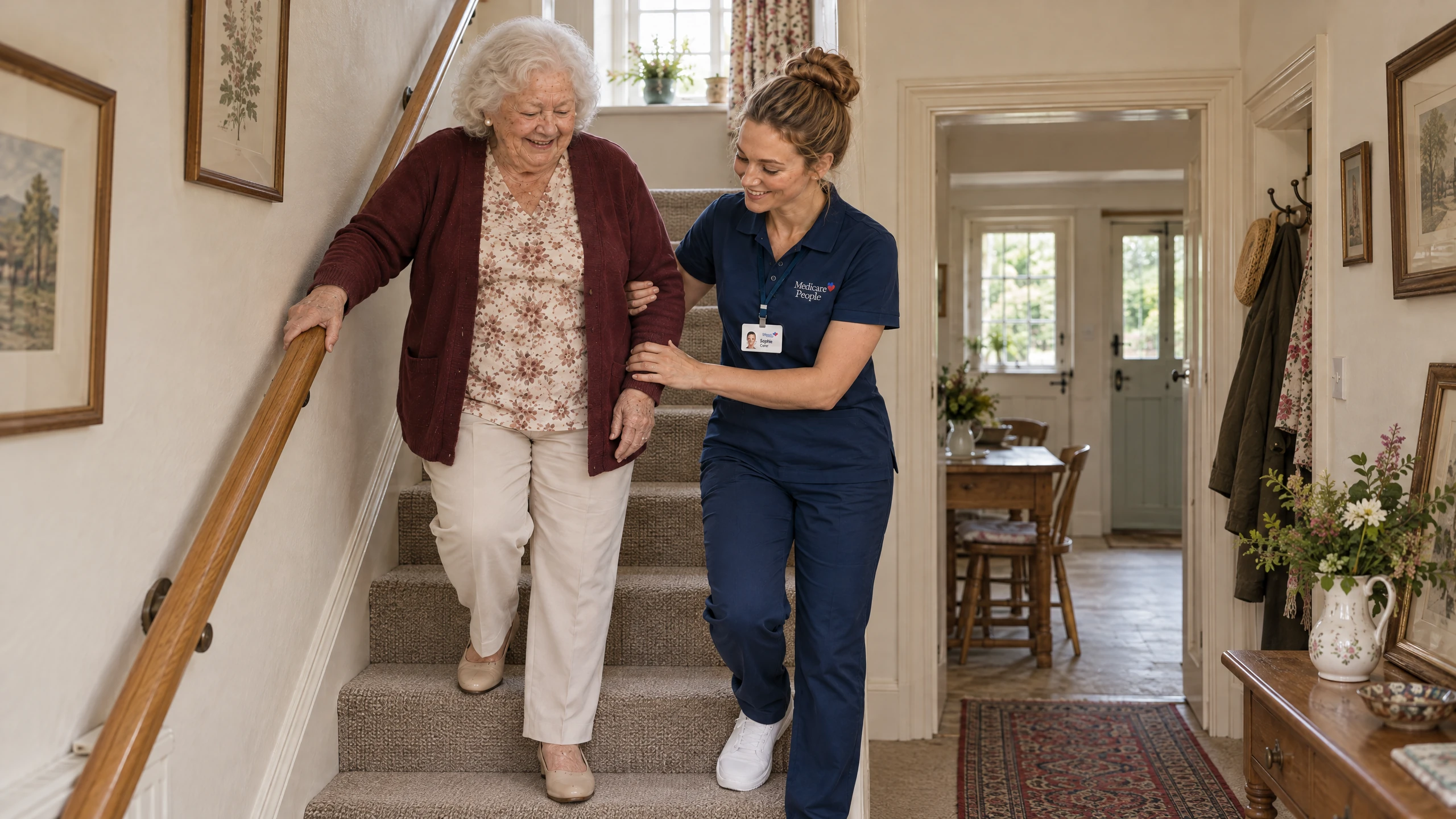 Live-in carer helping an older woman walk safely down the stairs at home