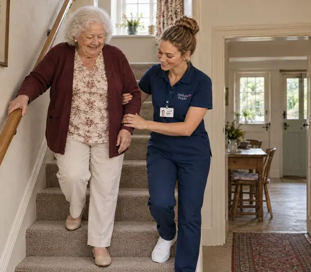 Live-in carer helping an older woman walk safely down the stairs at home Live-in carer helping an older woman walk safely down the stairs at home
