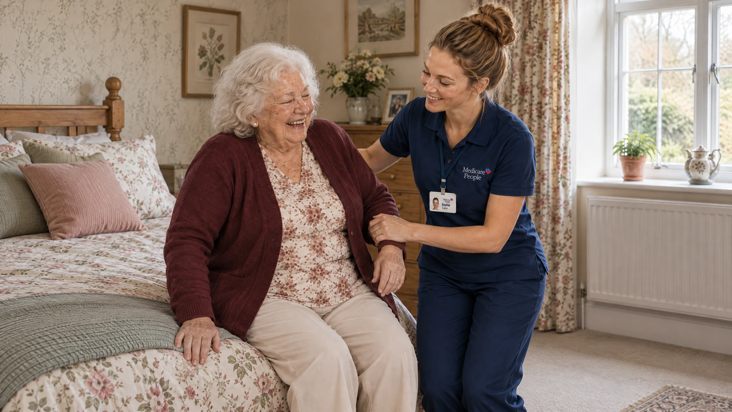 Live-in carer helping an older woman stand up from her bed in Epsom