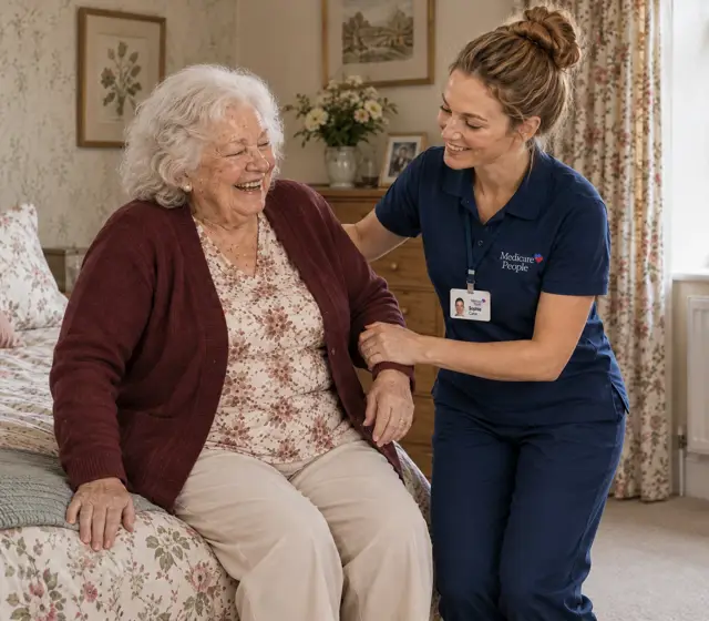 Live-in carer helping an older woman stand up from her bed in Epsom Live-in carer helping an older woman stand up from her bed in Epsom