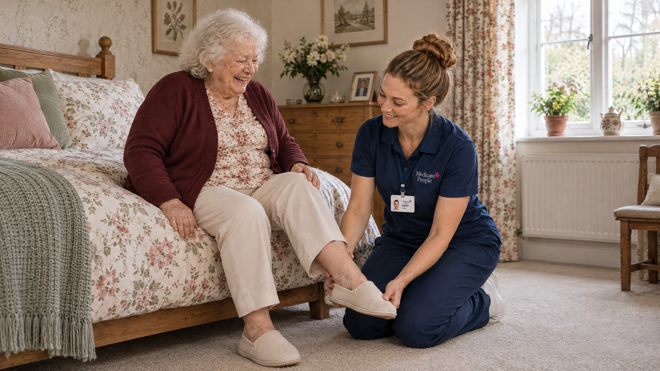 Live-in carer kneeling to help an older woman with her slippers by the bed