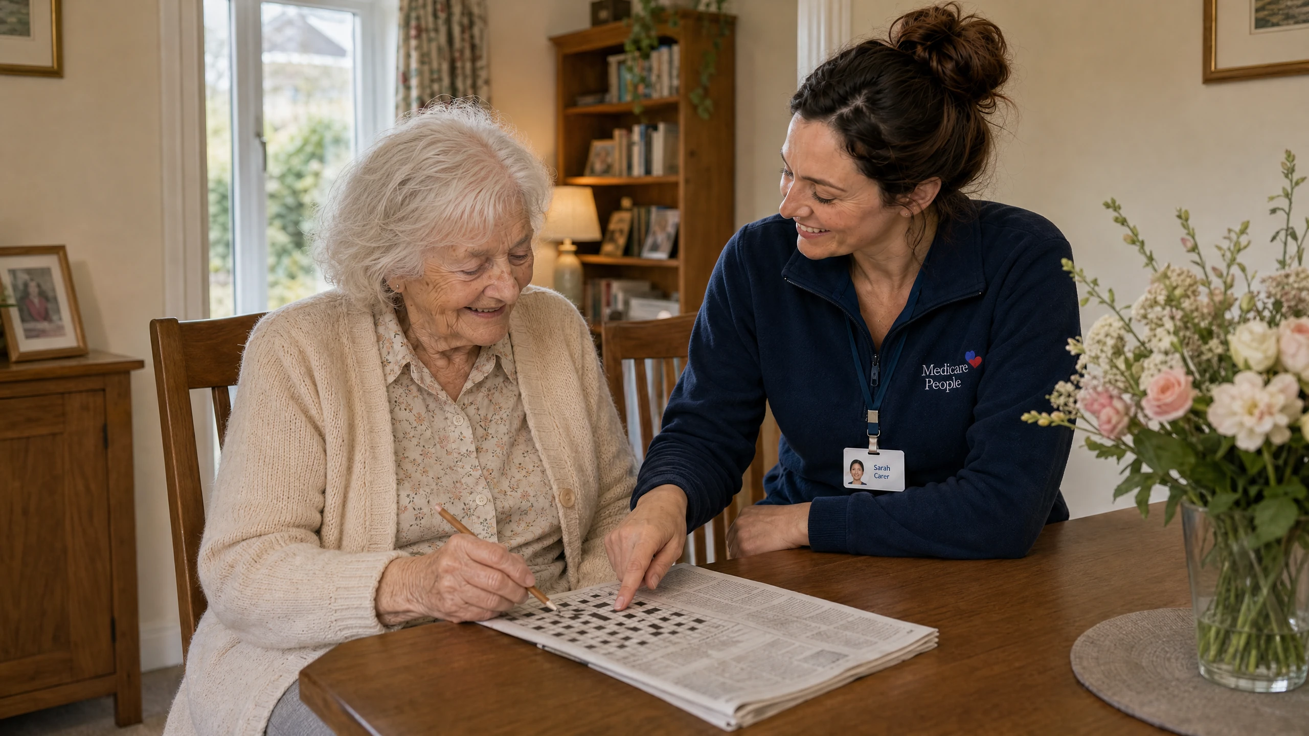 Live-in carer helping an older woman with a newspaper crossword at the dining table