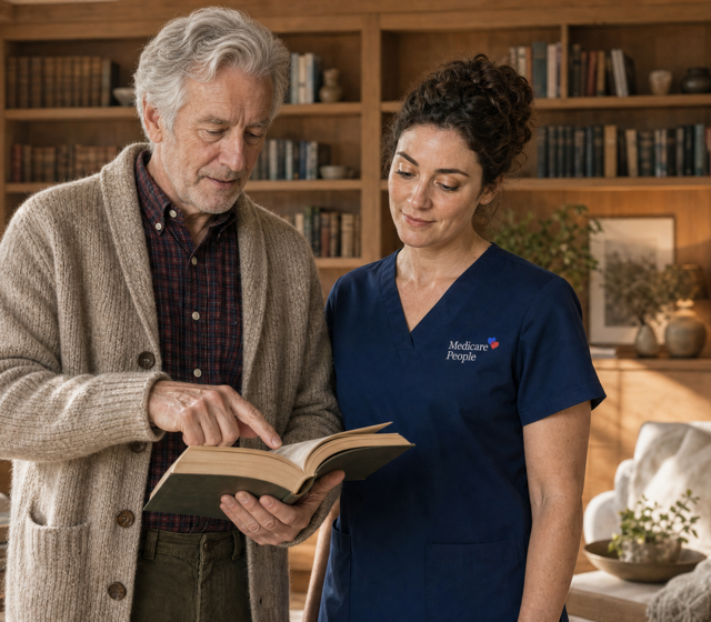 Carer offering companionship while an elderly man reads in Kent Carer offering companionship while an elderly man reads in Kent