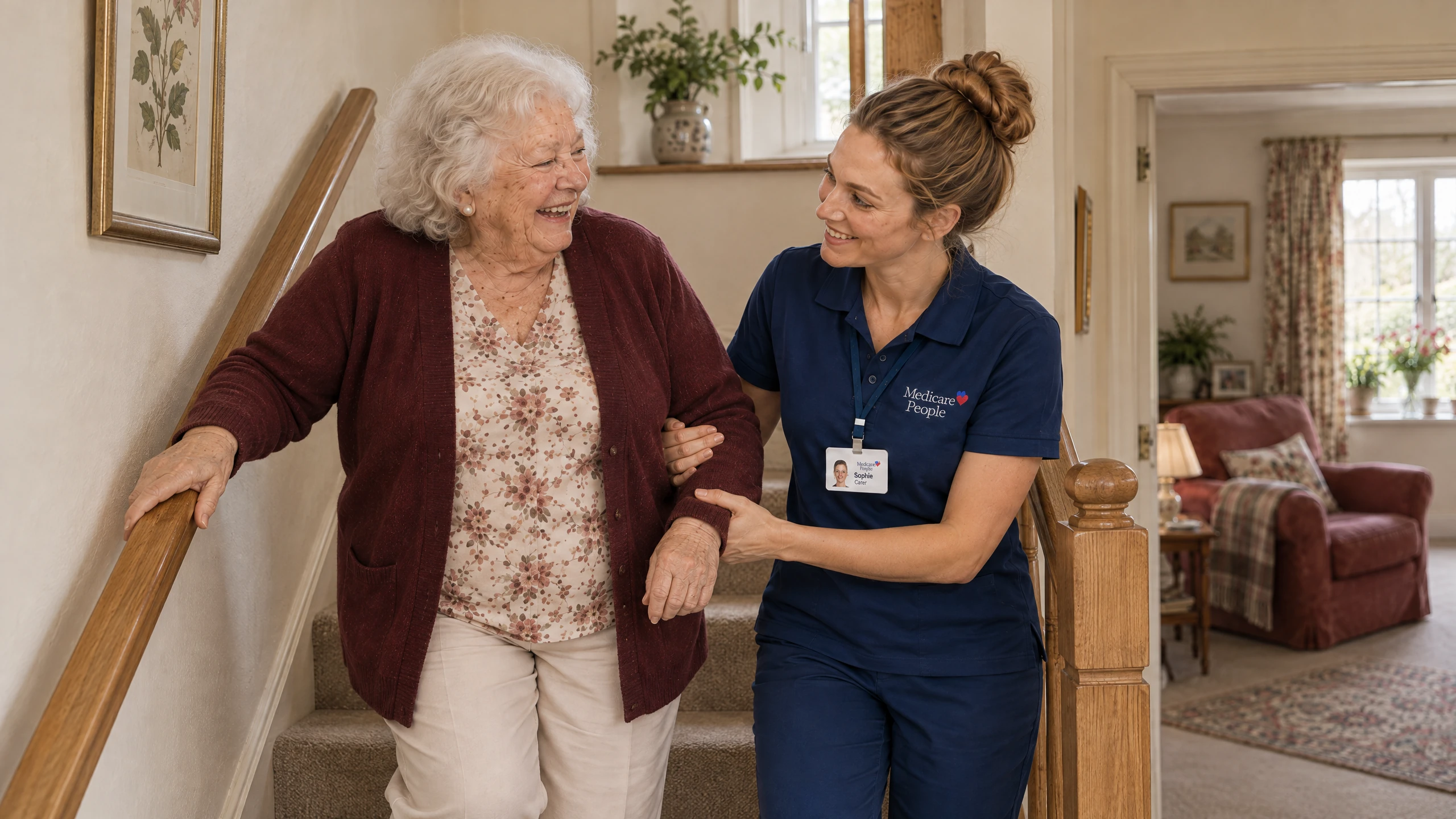 Live-in carer supporting an older woman on the staircase of her cottage