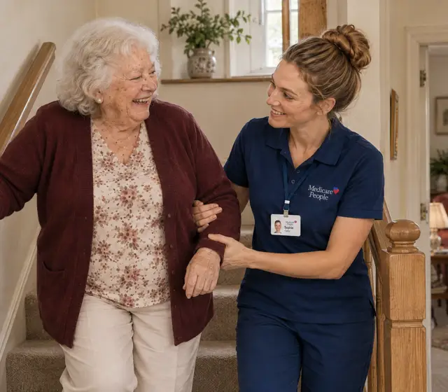 Live-in carer supporting an older woman on the staircase of her cottage Live-in carer supporting an older woman on the staircase of her cottage