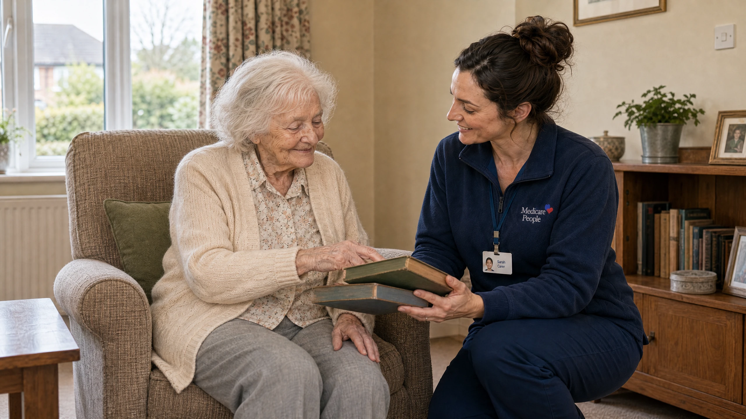 Live-in carer looking through a photo album with an older woman at home