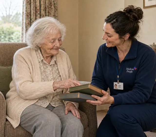 Live-in carer looking through a photo album with an older woman at home Live-in carer looking through a photo album with an older woman at home