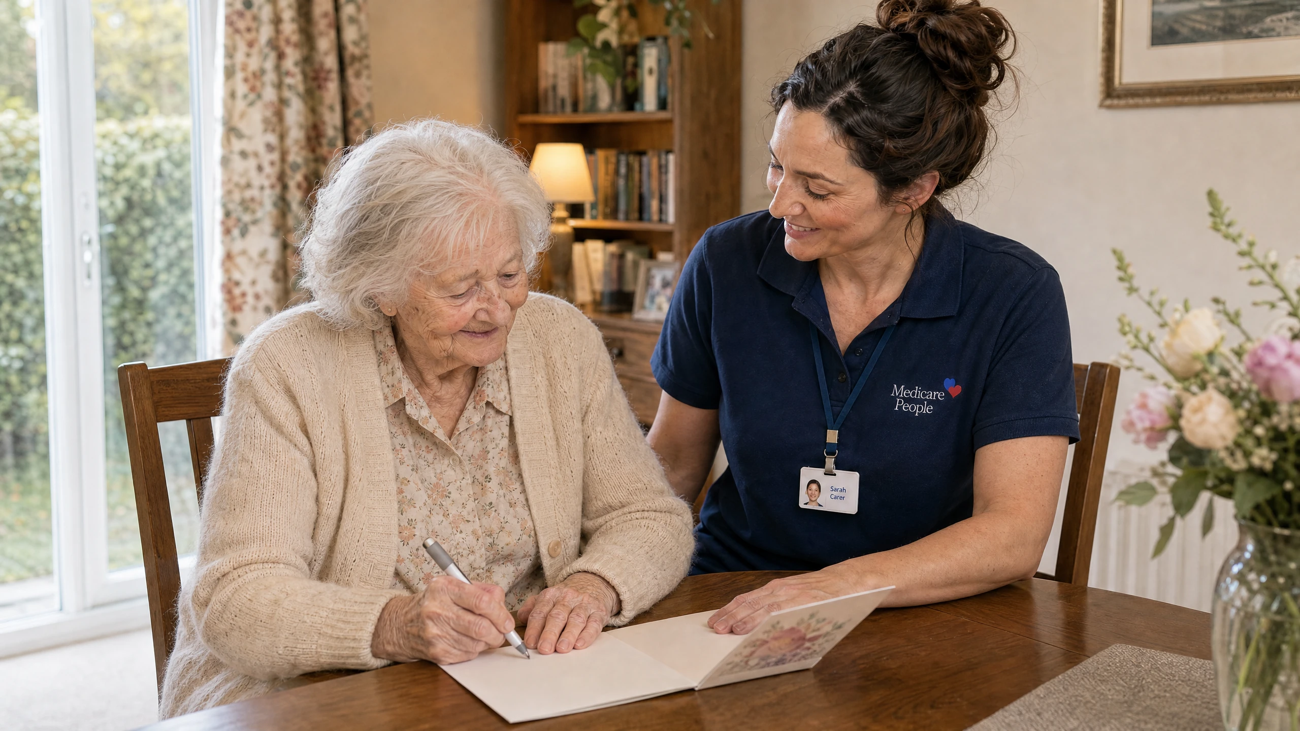 Live-in carer helping an older woman write a greetings card at the dining table