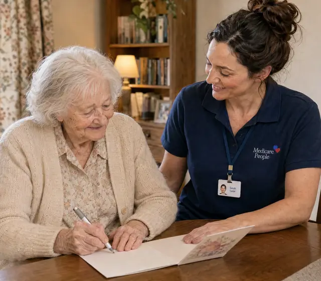 Live-in carer helping an older woman write a greetings card at the dining table Live-in carer helping an older woman write a greetings card at the dining table