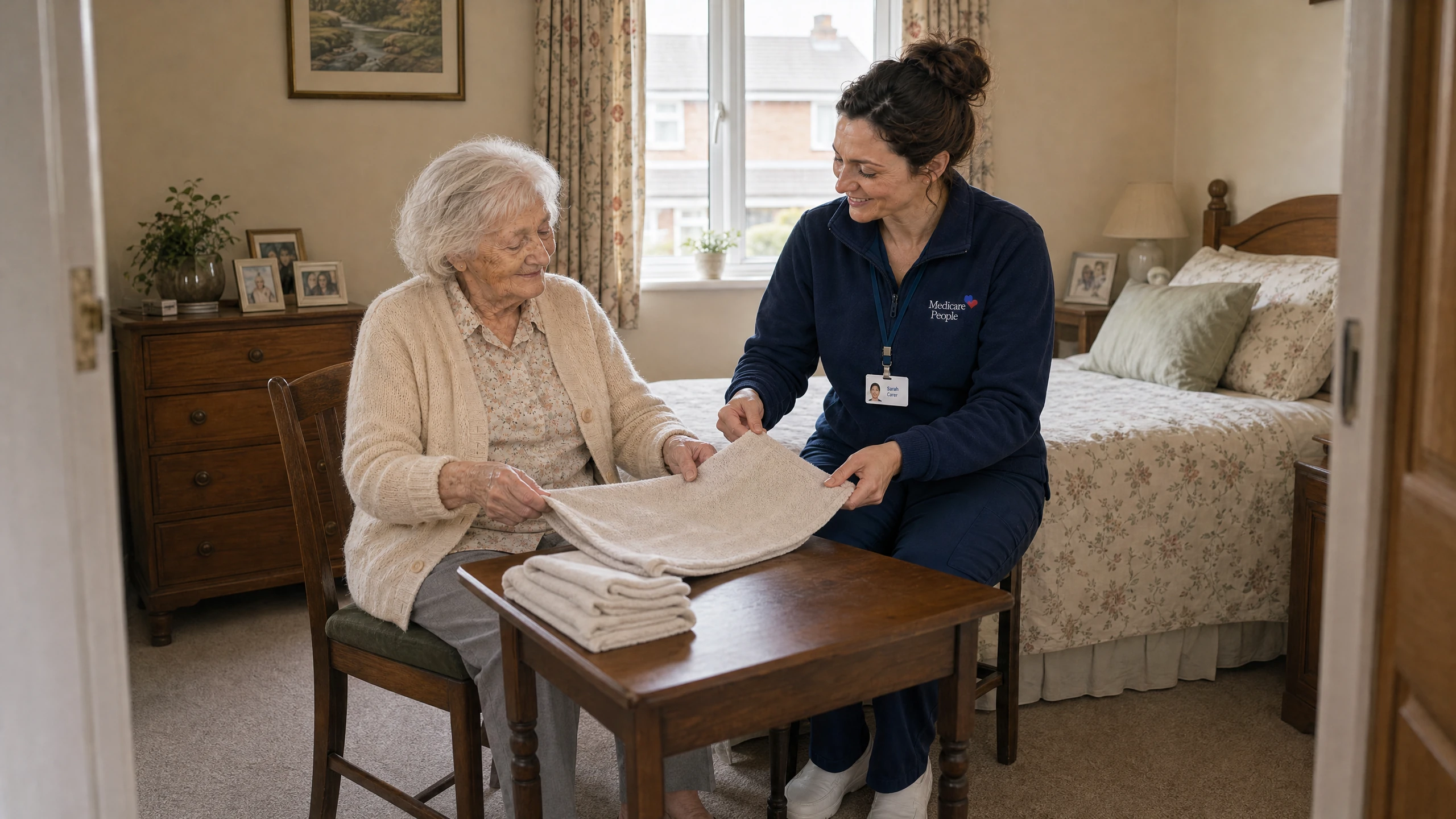 Live-in carer folding laundry with an older woman in her bedroom