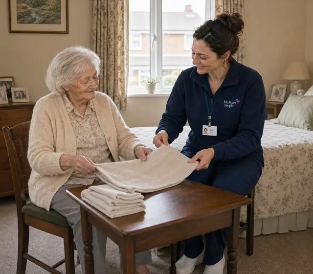 Live-in carer folding laundry with an older woman in her bedroom Live-in carer folding laundry with an older woman in her bedroom