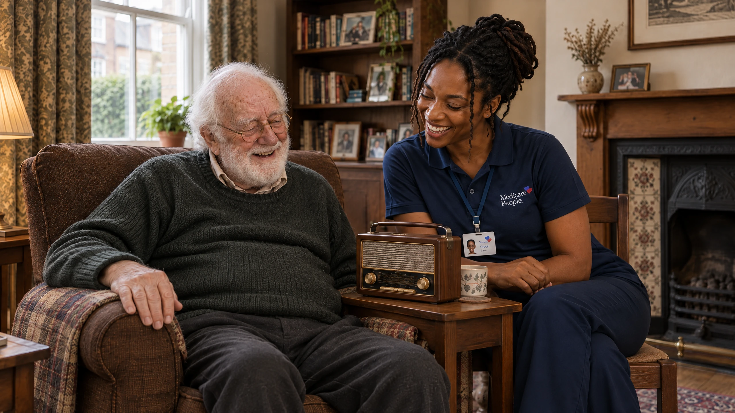 Live-in carer listening to a vintage radio with an older man by the fireplace