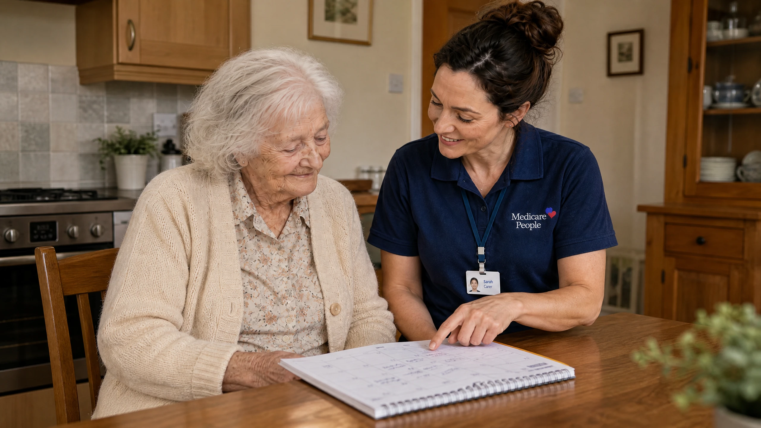 Live-in carer going through a weekly planner with an older woman at the kitchen table