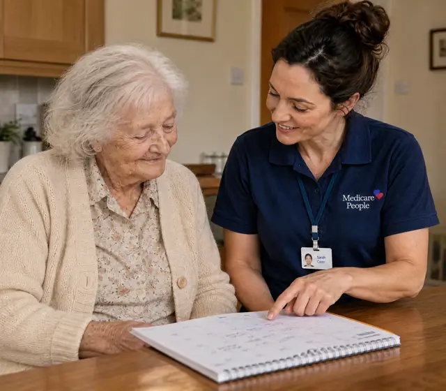 Live-in carer going through a weekly planner with an older woman at the kitchen table Live-in carer going through a weekly planner with an older woman at the kitchen table