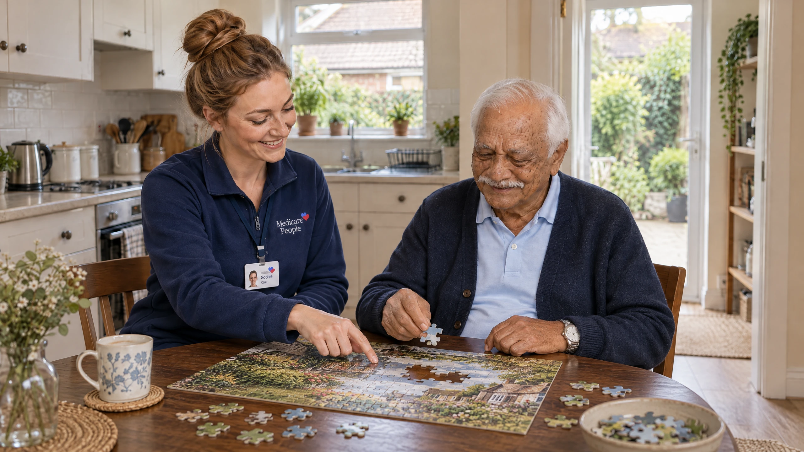 Live-in carer doing a jigsaw puzzle with an older man at the dining table
