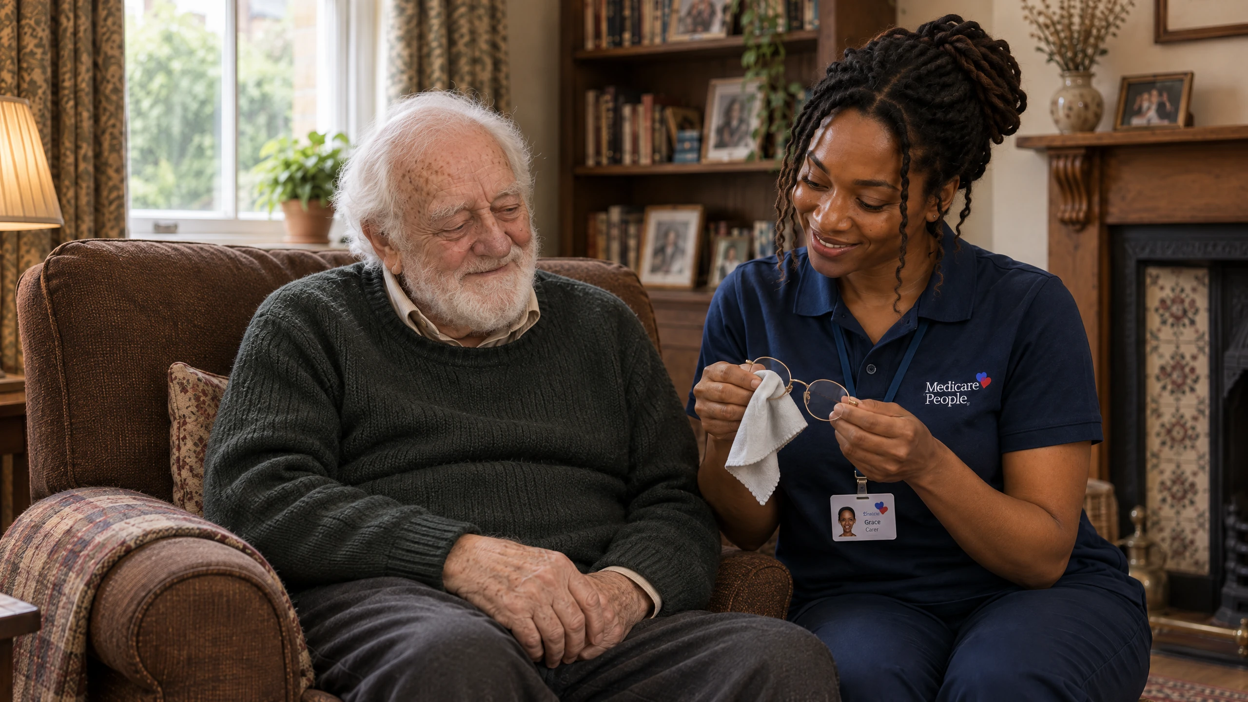 Live-in carer cleaning an older man's glasses as he sits in his armchair in Guildford