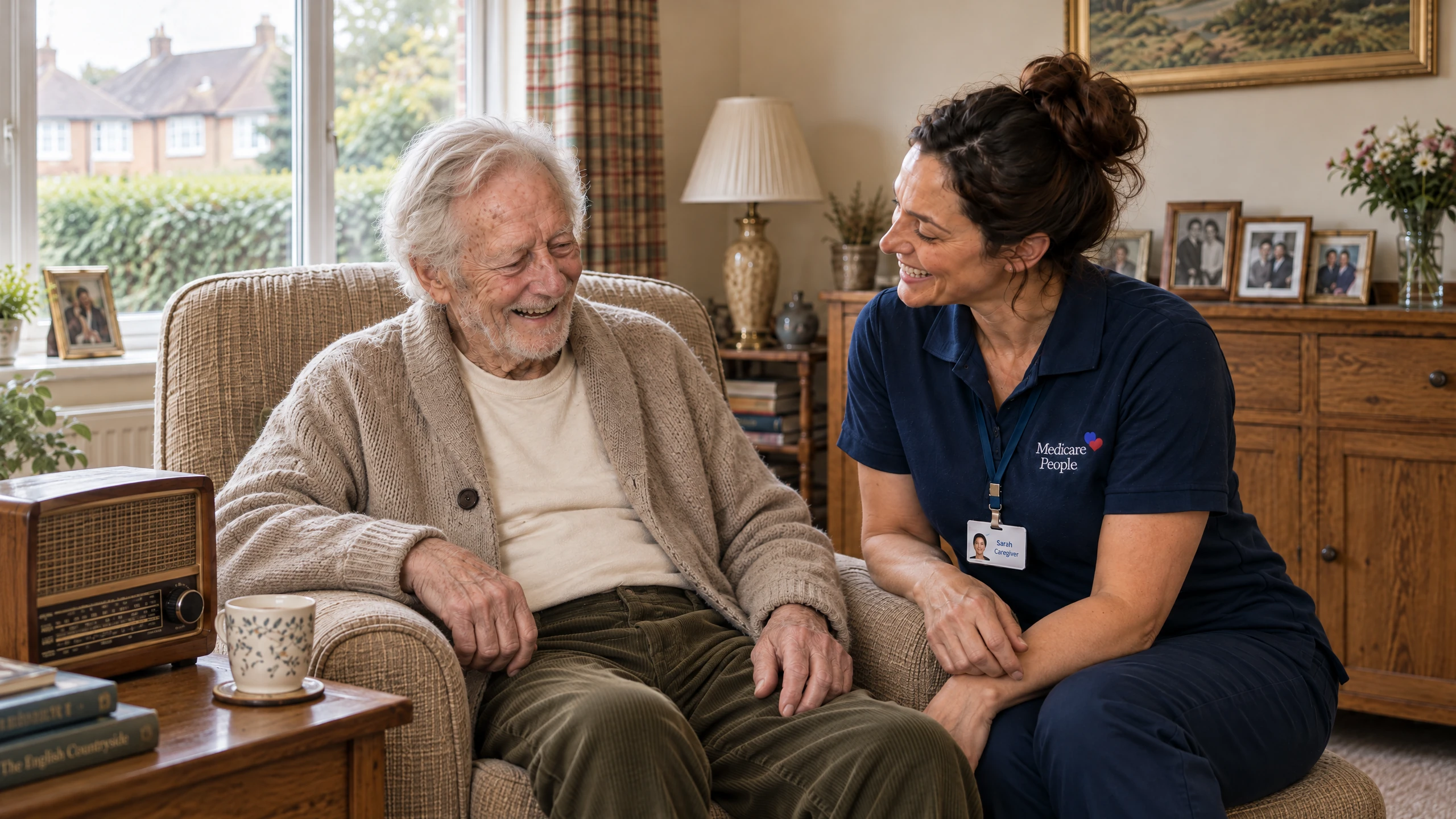 Live-in carer sitting and chatting with an older man in his living room in Redhill