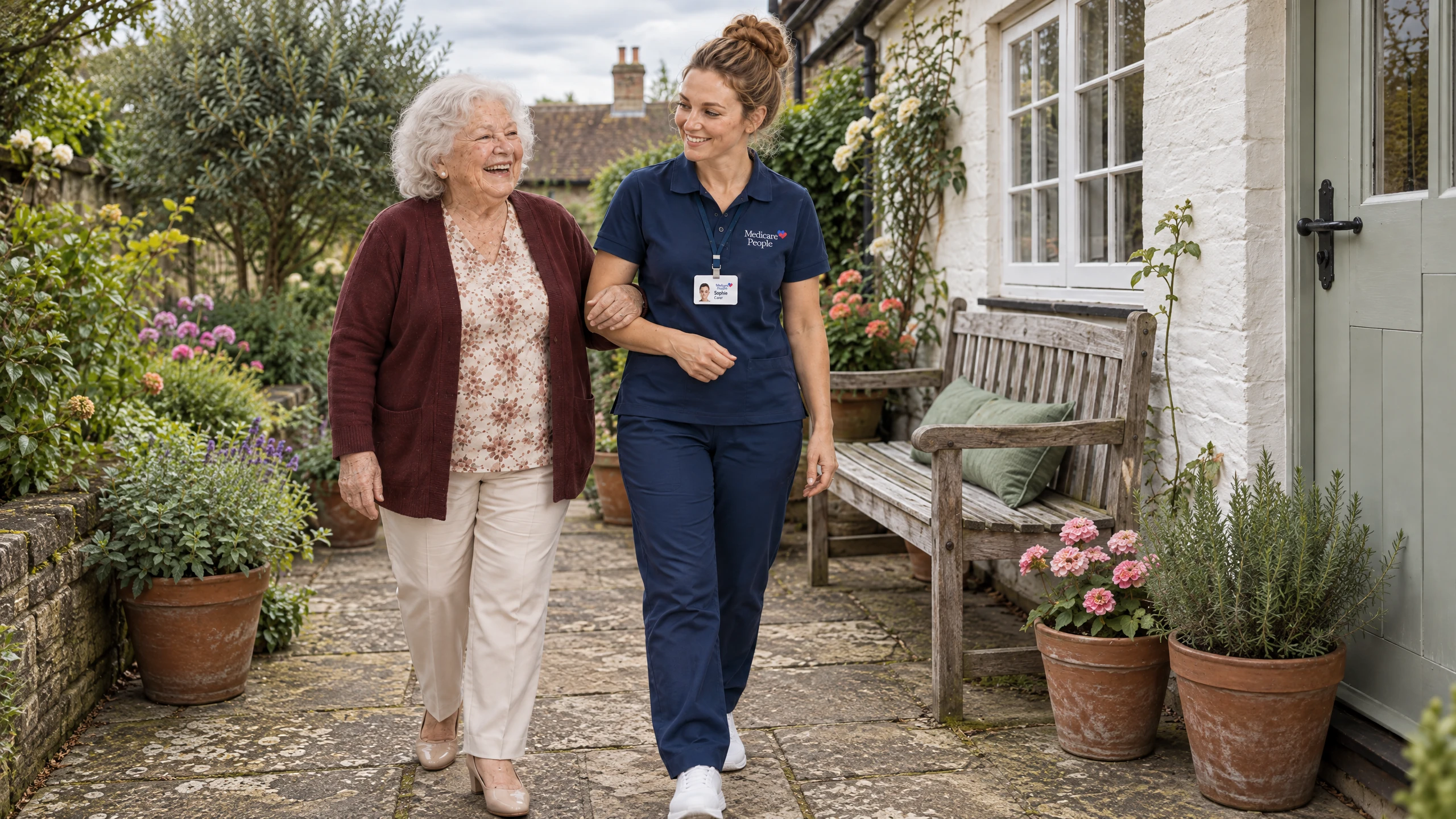 Live-in carer walking with an older woman through her cottage garden in a village near Guildford
