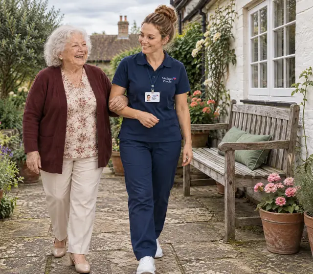Live-in carer walking with an older woman through her cottage garden in a village near Guildford Live-in carer walking with an older woman through her cottage garden in a village near Guildford