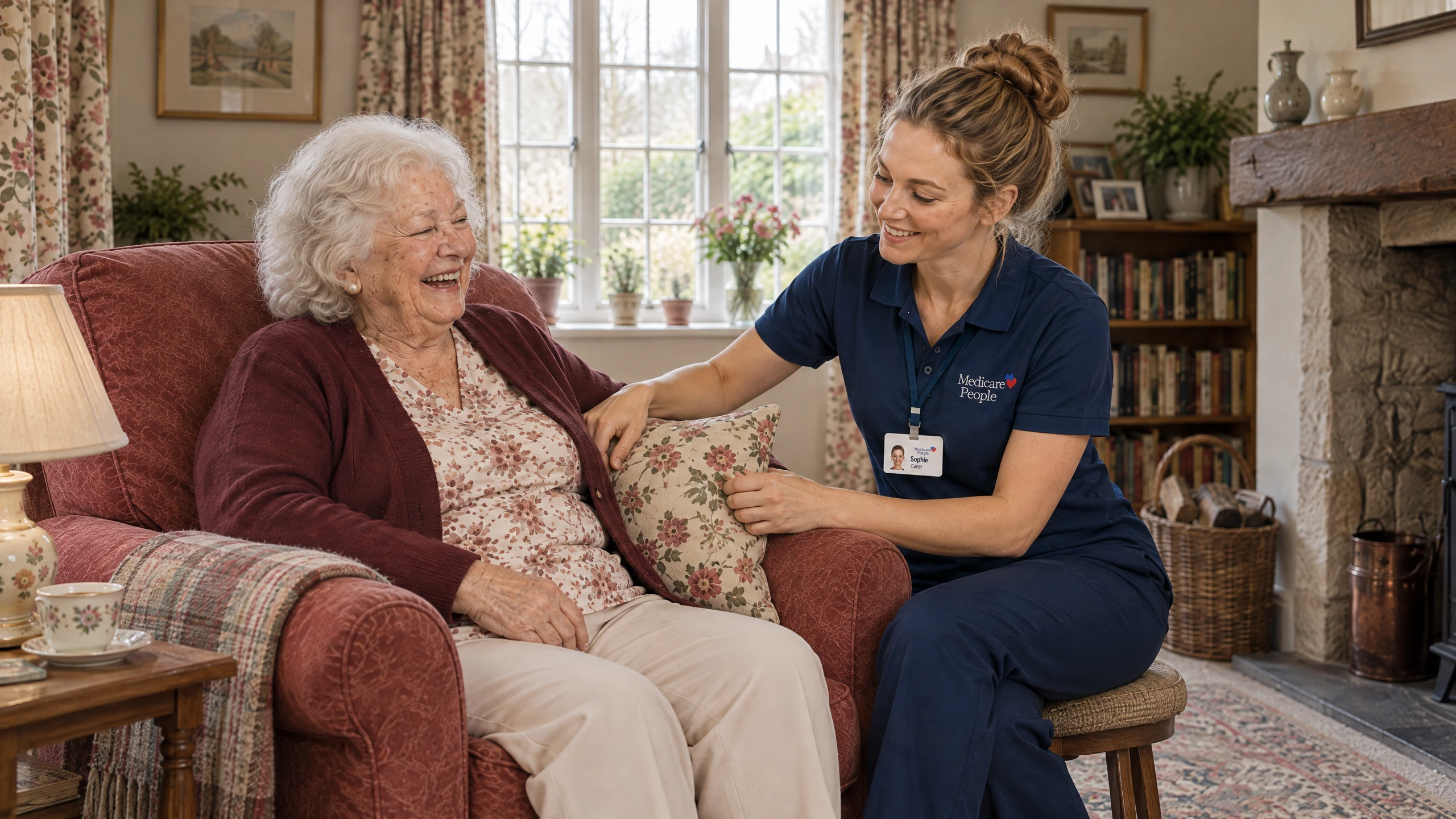 Live-in carer chatting and laughing with an older woman in her cottage living room