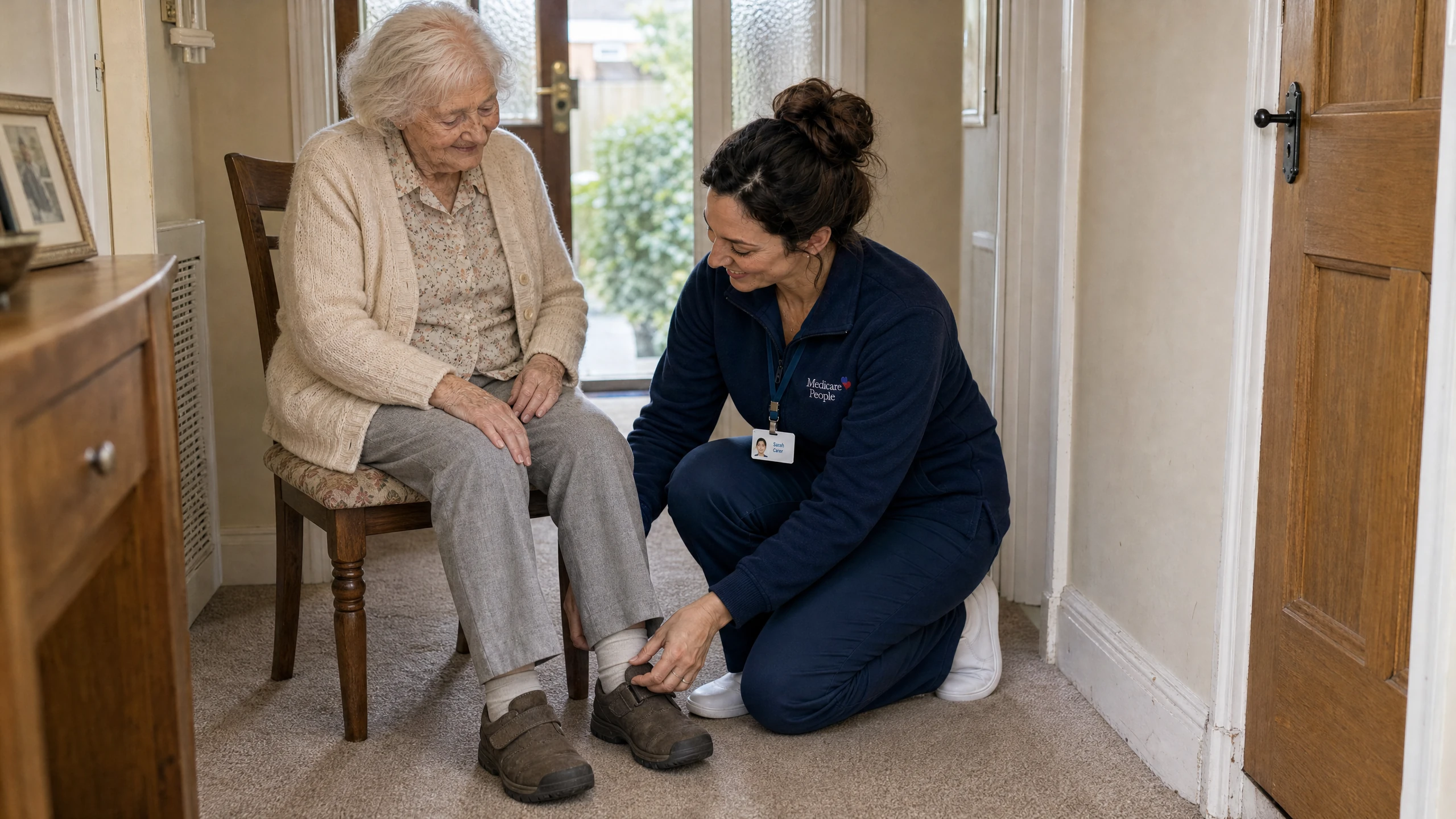 Live-in carer helping an older woman put on her shoes in the hallway