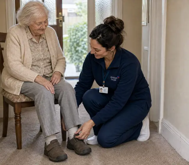 Live-in carer helping an older woman put on her shoes in the hallway Live-in carer helping an older woman put on her shoes in the hallway