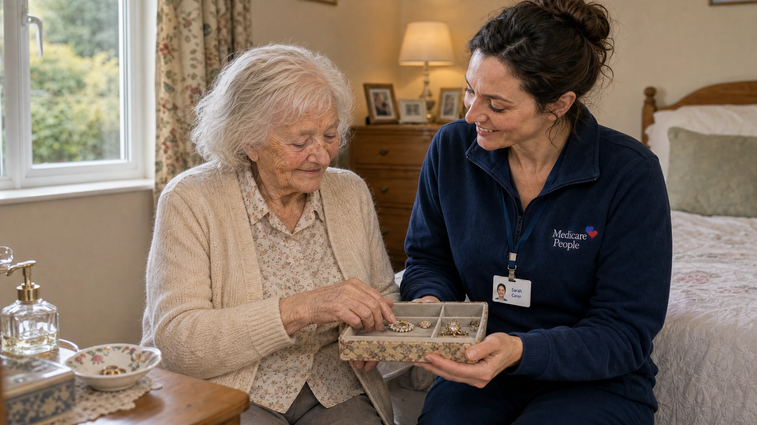 Live-in carer looking through a jewellery box with an older woman in her bedroom