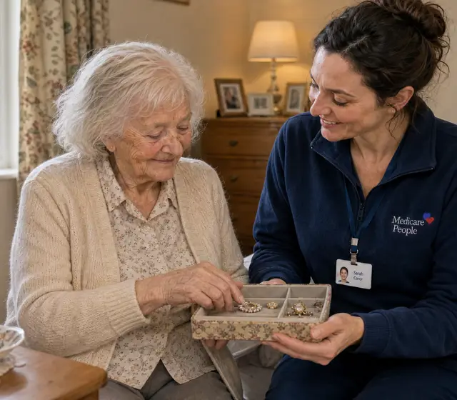 Live-in carer looking through a jewellery box with an older woman in her bedroom Live-in carer looking through a jewellery box with an older woman in her bedroom