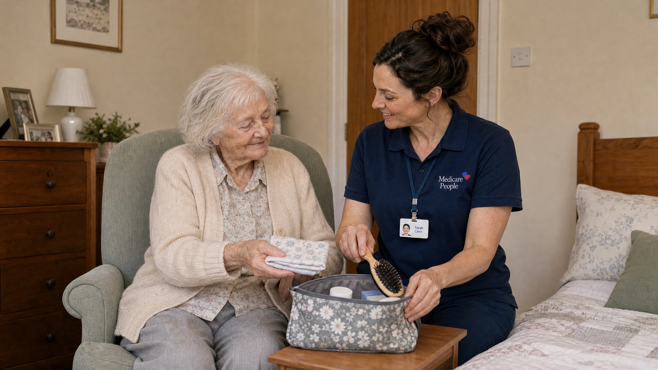 Live-in carer helping an older woman pack her bag before coming home to Guildford from hospital