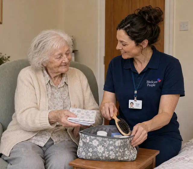 Live-in carer helping an older woman pack her bag before coming home to Guildford from hospital Live-in carer helping an older woman pack her bag before coming home to Guildford from hospital