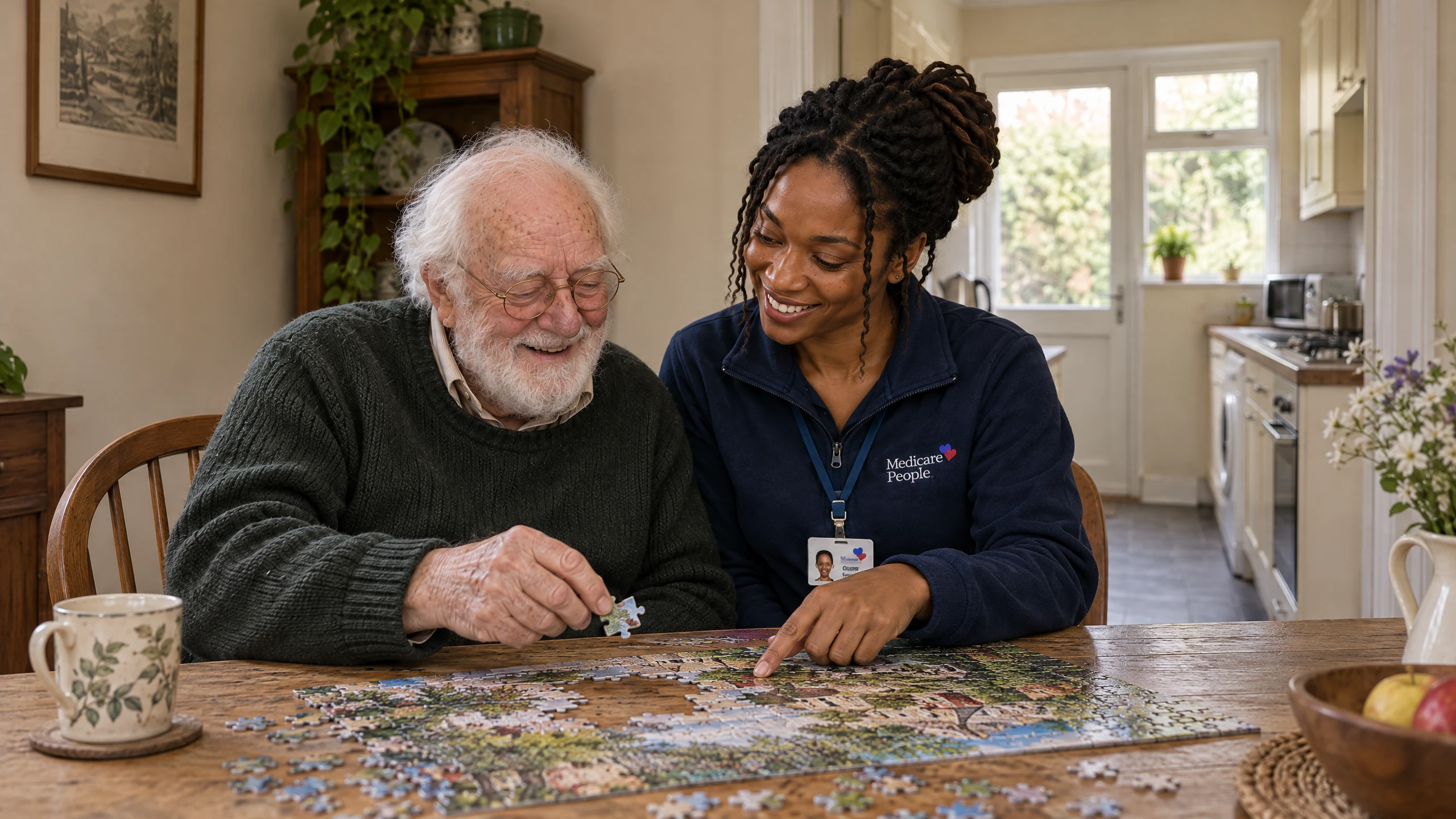 Live-in carer doing a jigsaw puzzle with an older man at his dining table