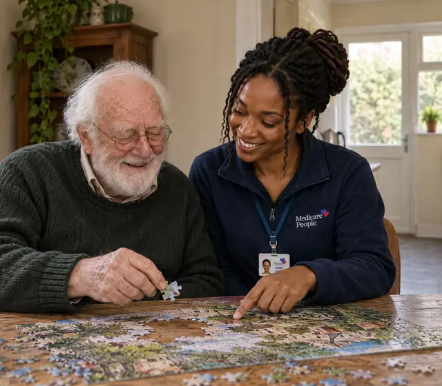 Live-in carer doing a jigsaw puzzle with an older man at his dining table Live-in carer doing a jigsaw puzzle with an older man at his dining table