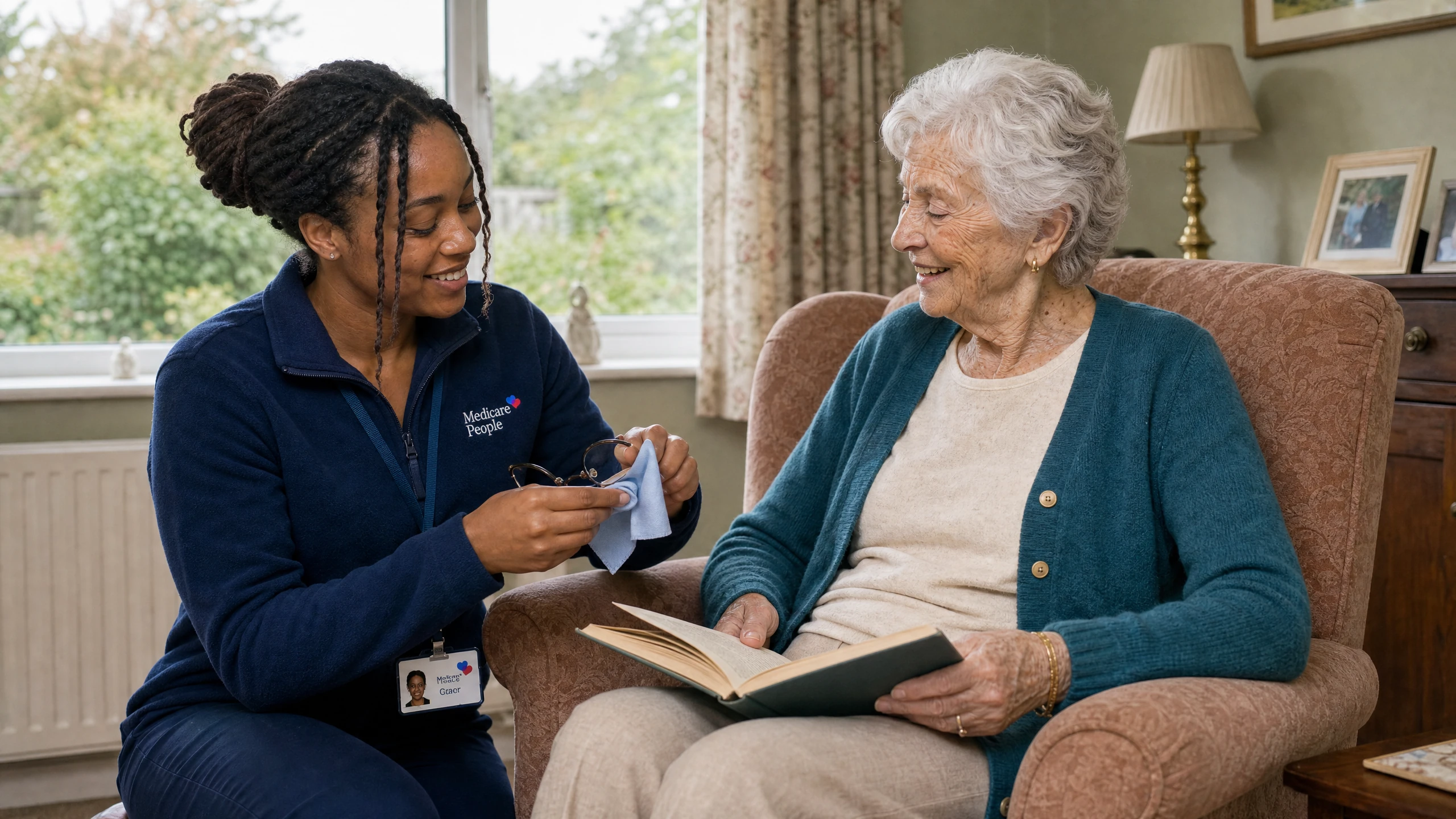 Live-in carer cleaning reading glasses for an older woman reading a book