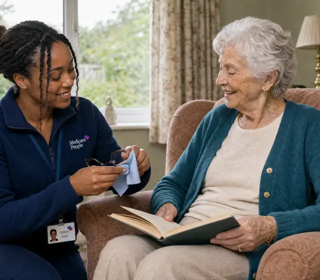 Live-in carer cleaning reading glasses for an older woman reading a book Live-in carer cleaning reading glasses for an older woman reading a book
