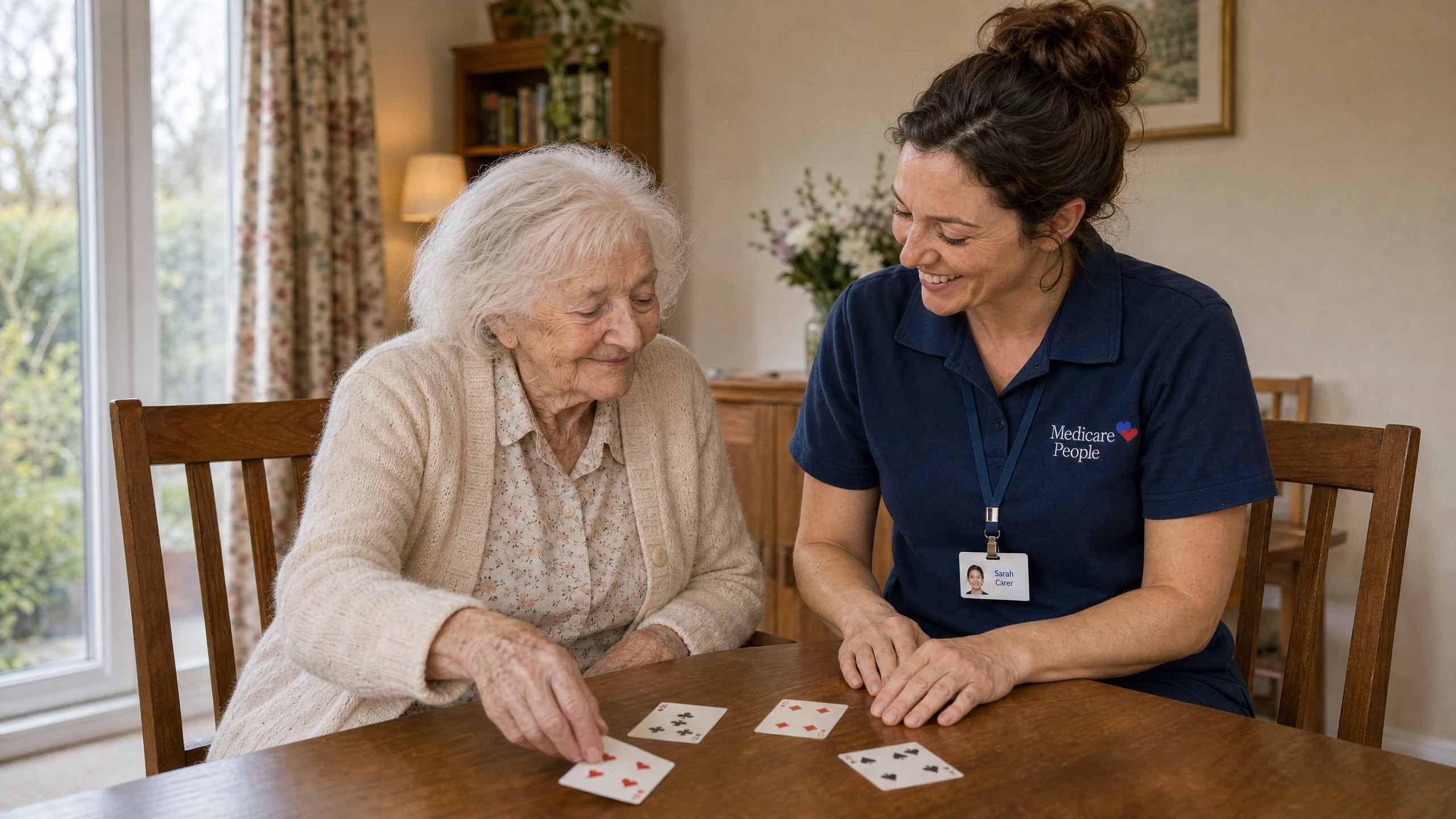Live-in carer playing a game of cards with an older woman at the dining table, Live-In Care in Tonbridge