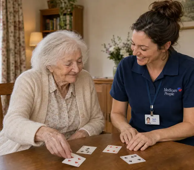 Live-in carer playing a game of cards with an older woman at the dining table, Live-In Care in Tonbridge Live-in carer playing a game of cards with an older woman at the dining table, Live-In Care in Tonbridge