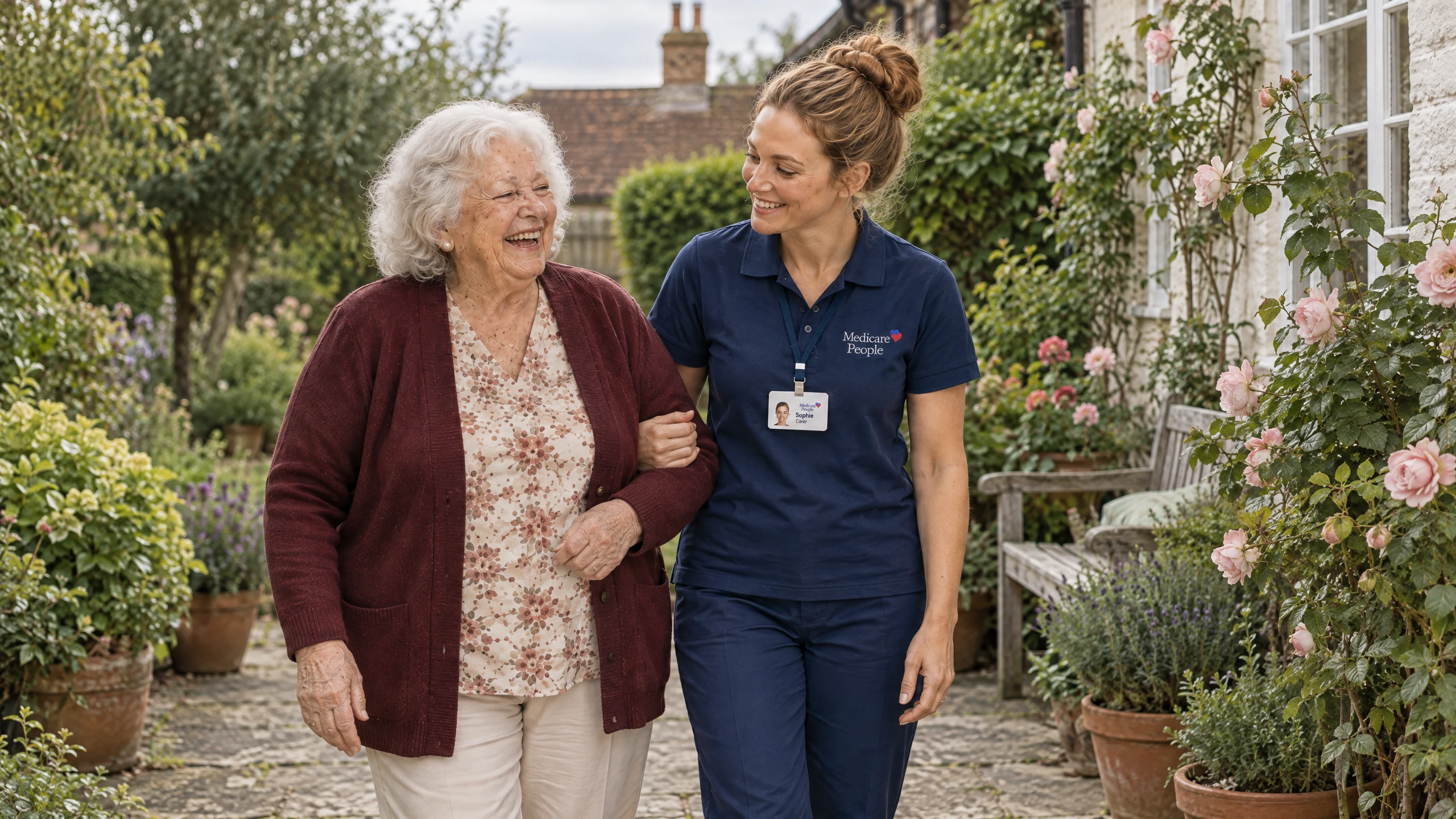 Live-in carer and older woman laughing on a walk past the roses in her garden