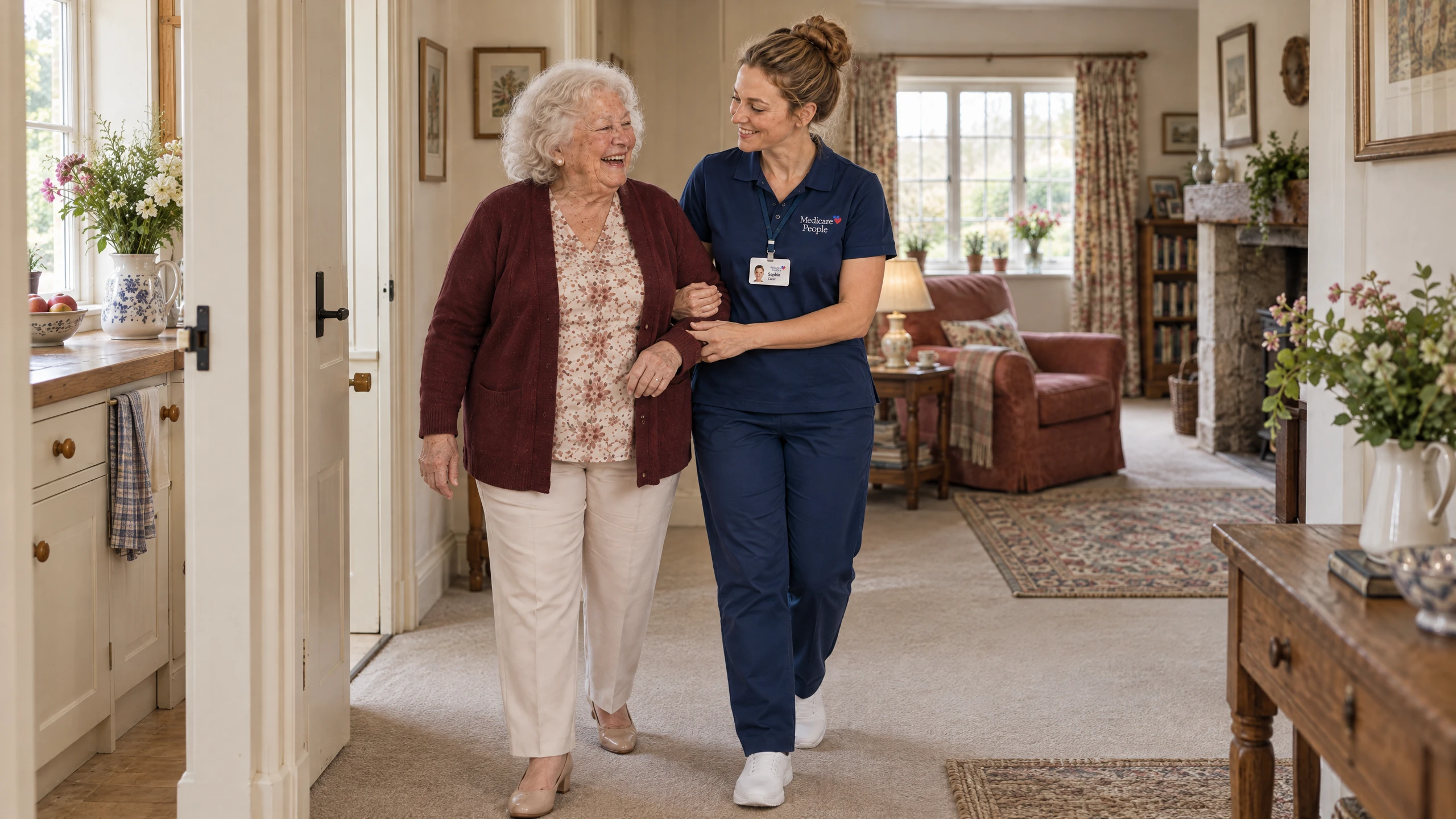 Live-in carer walking arm in arm with an older woman through her home