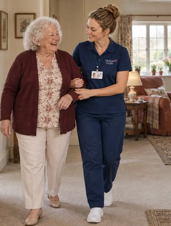 Live-in carer walking arm in arm with an older woman through her home Live-in carer walking arm in arm with an older woman through her home