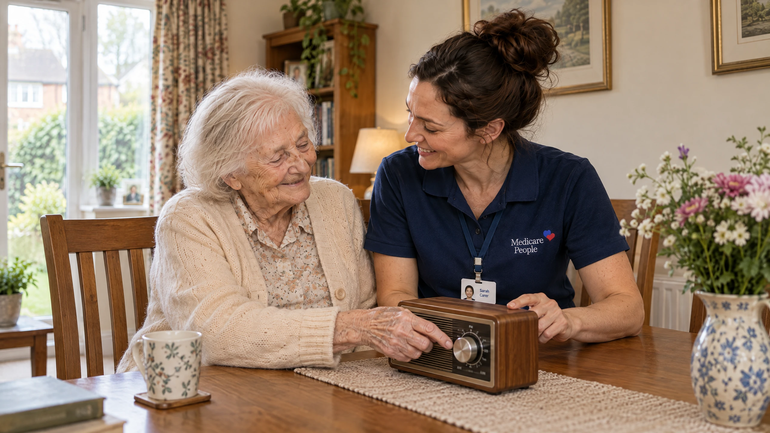 Live-in carer tuning a radio with an older woman at the dining table