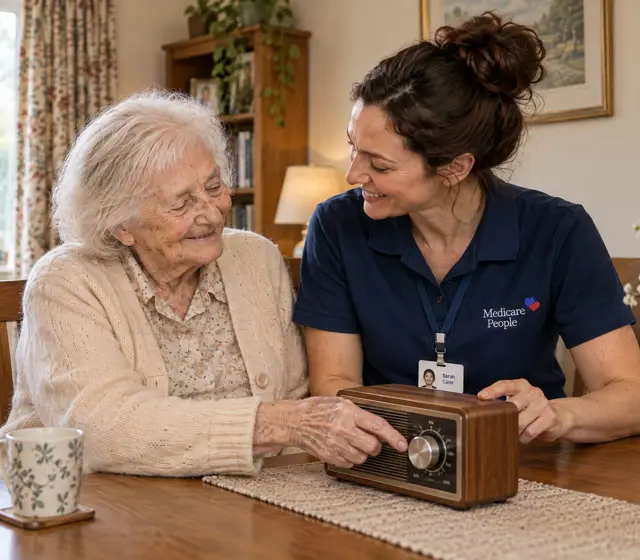 Live-in carer tuning a radio with an older woman at the dining table Live-in carer tuning a radio with an older woman at the dining table