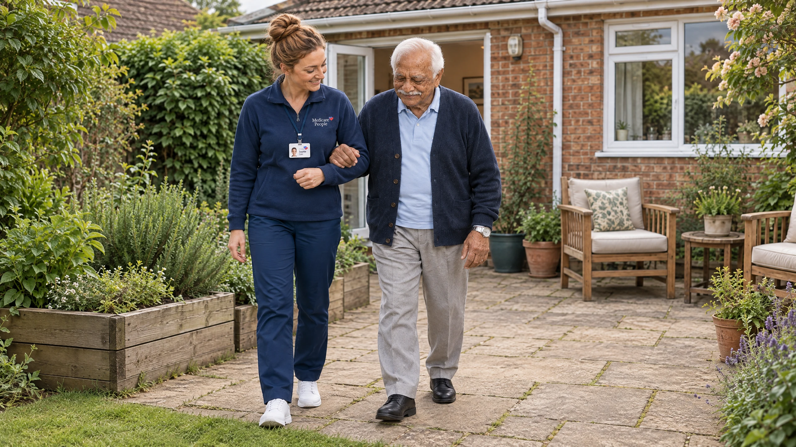 Live-in carer walking arm in arm with an older man across his garden patio
