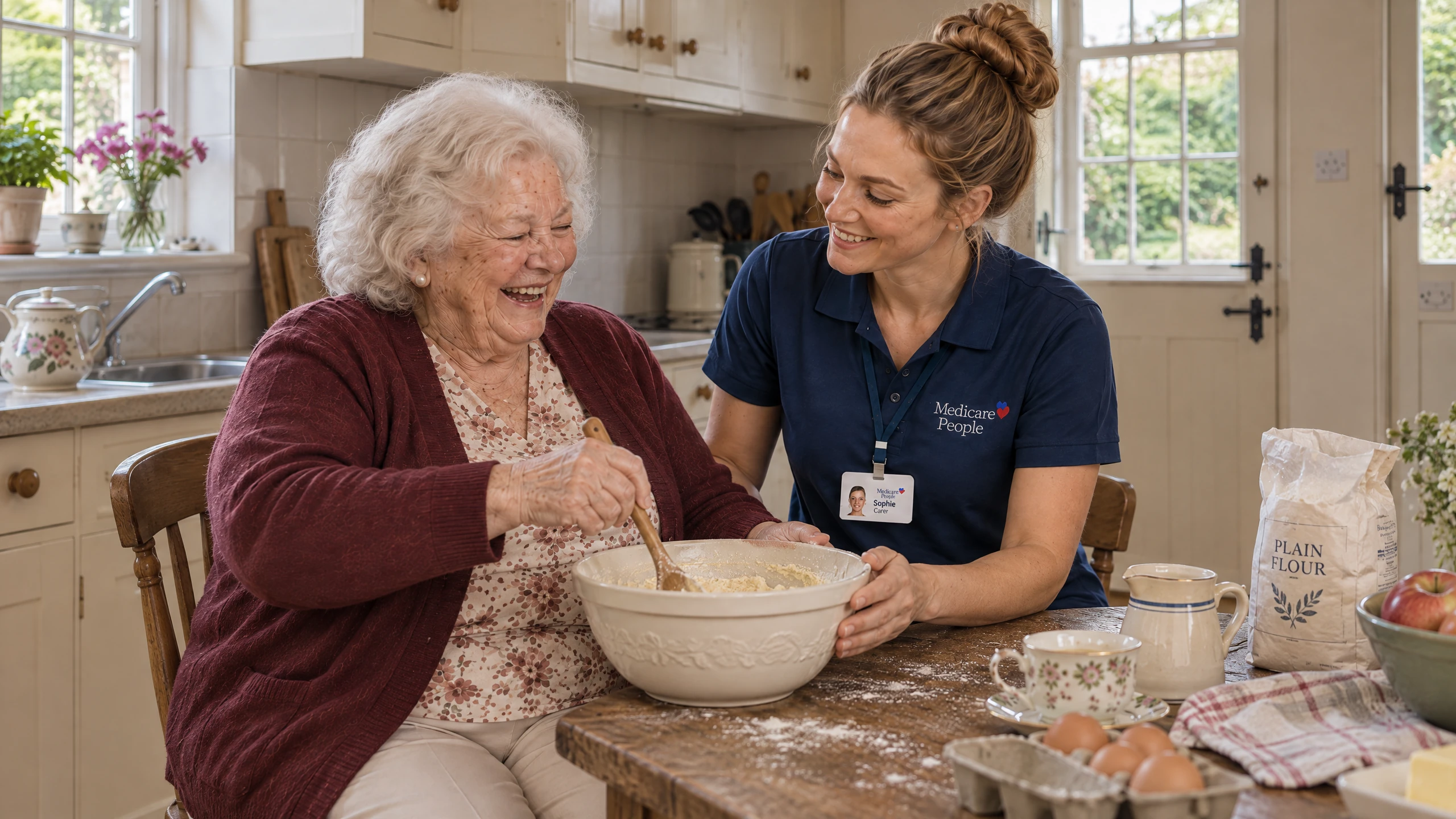Live-in carer baking with an older woman, mixing ingredients in her kitchen