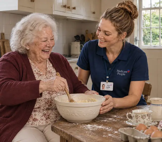 Live-in carer baking with an older woman, mixing ingredients in her kitchen Live-in carer baking with an older woman, mixing ingredients in her kitchen
