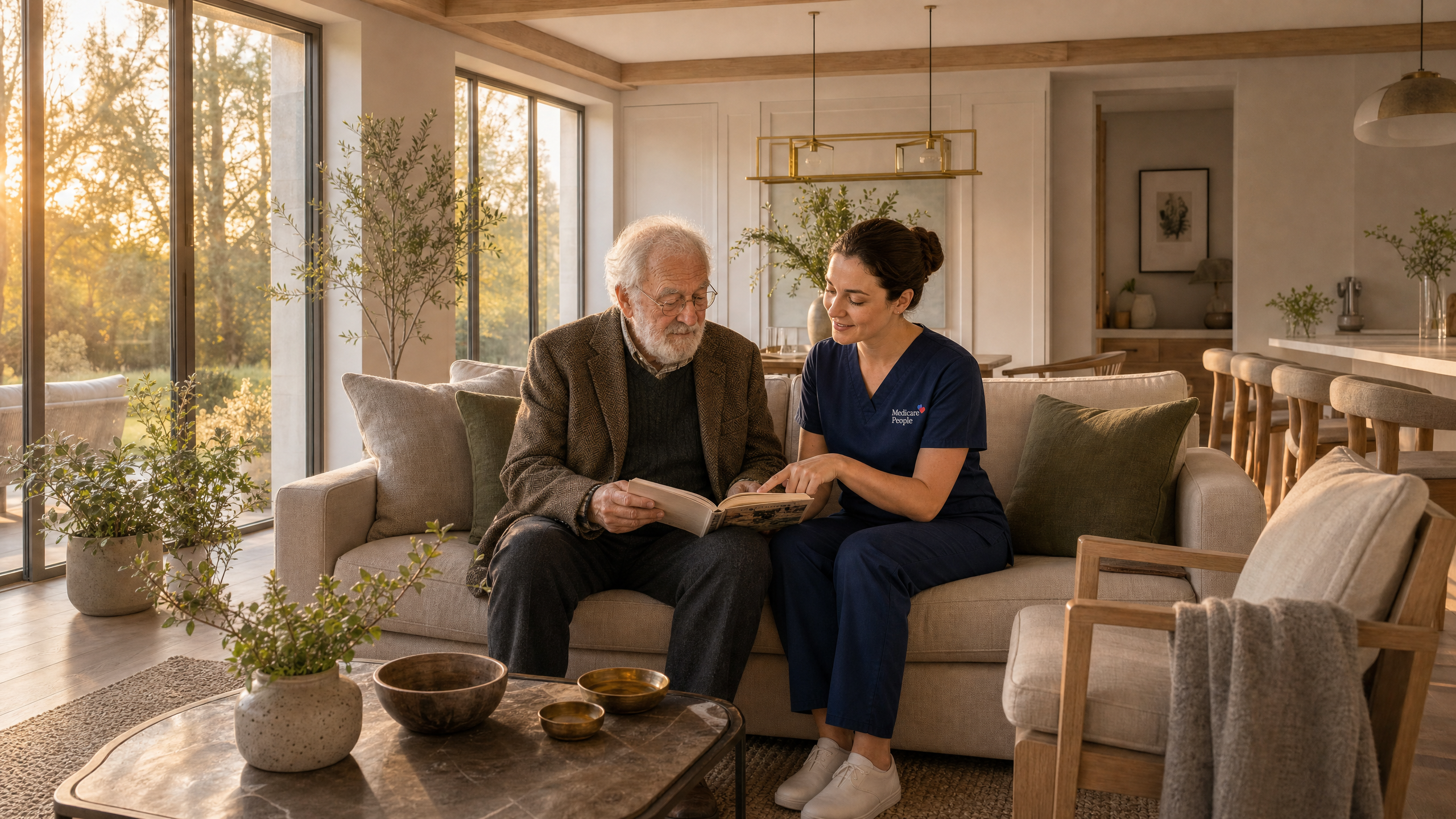 Older man reading on the sofa with caring support from Respite Care in Edenbridge