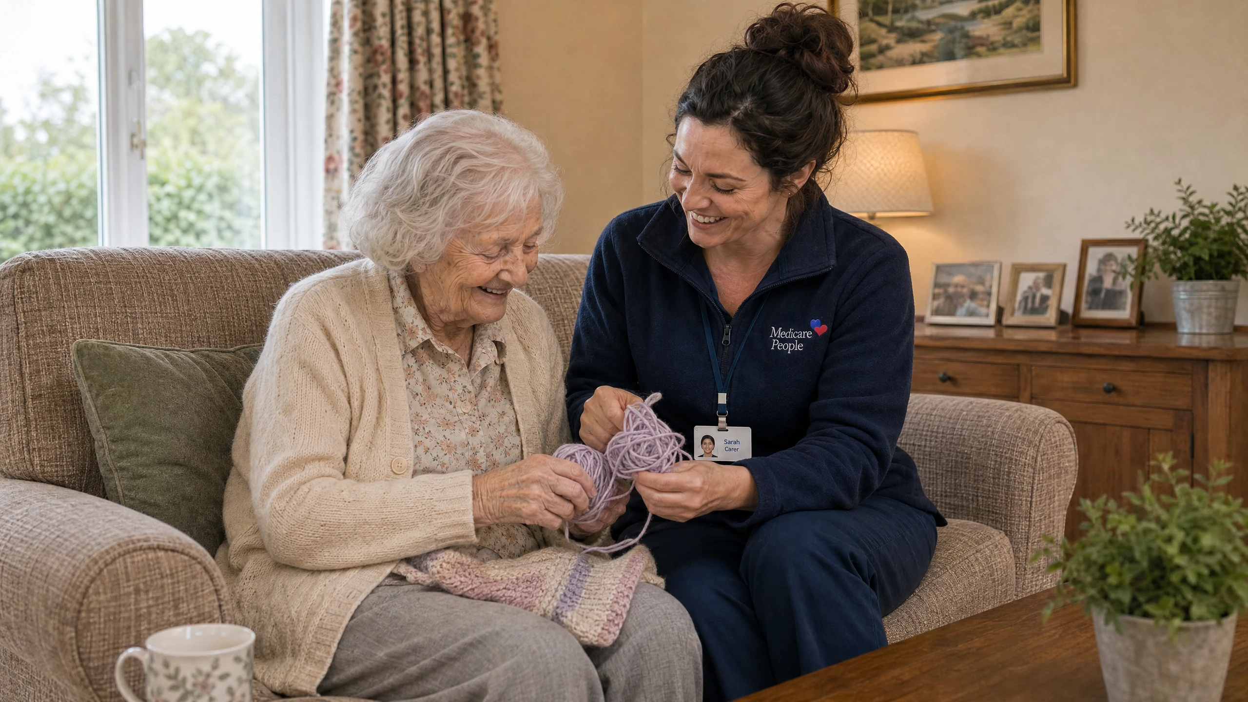 Live-in carer helping an older woman with her knitting on the sofa