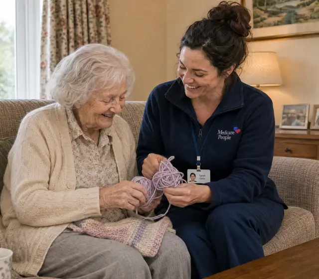 Live-in carer helping an older woman with her knitting on the sofa Live-in carer helping an older woman with her knitting on the sofa