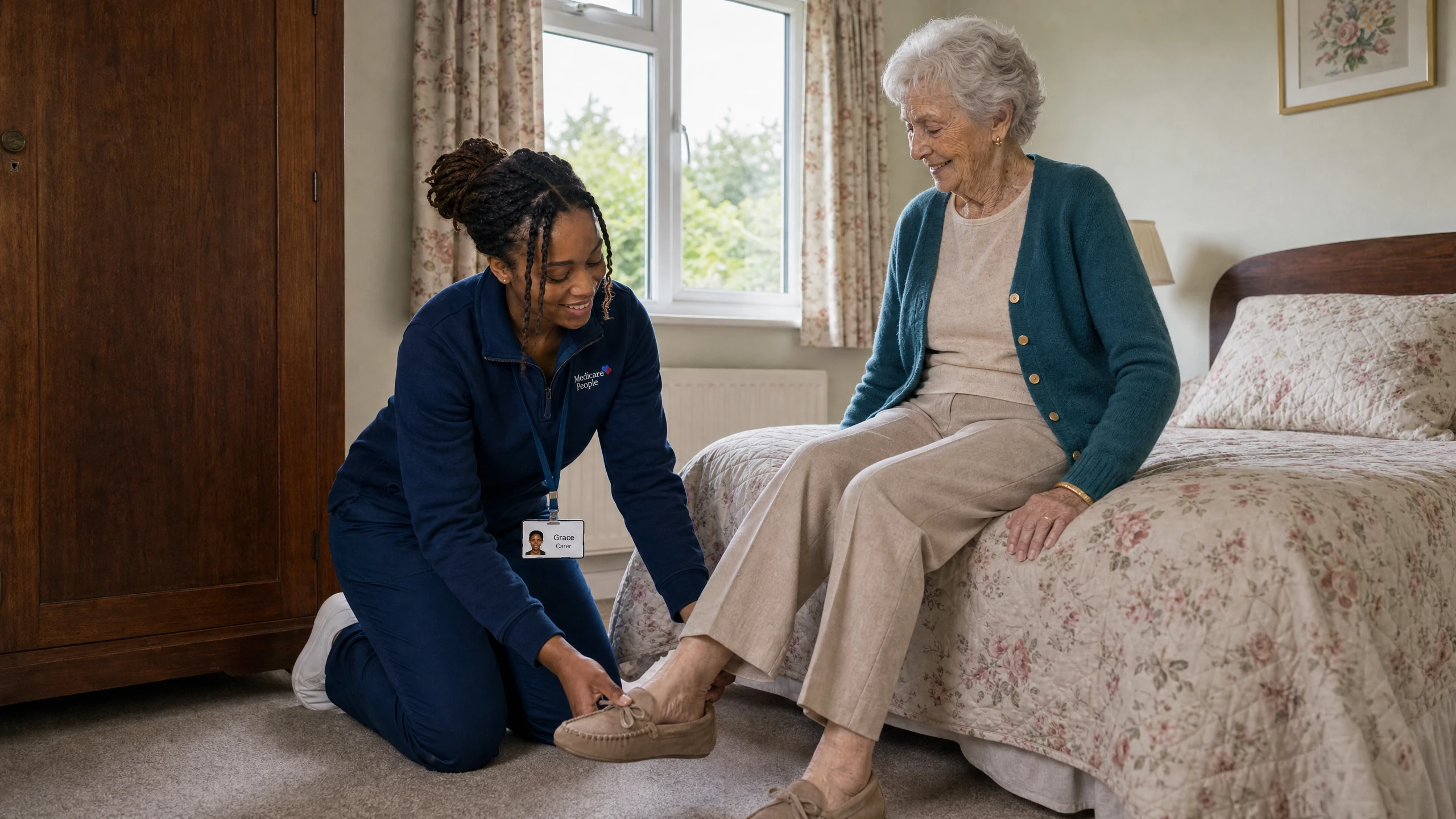Live-in carer kneeling to help an older woman put on her slippers by the bed