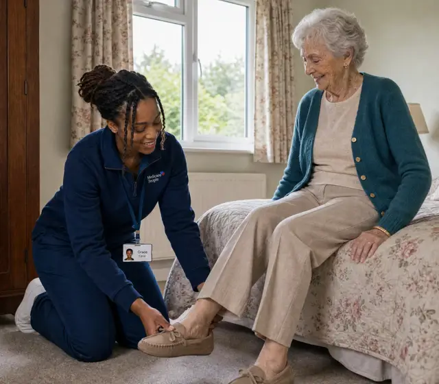 Live-in carer kneeling to help an older woman put on her slippers by the bed Live-in carer kneeling to help an older woman put on her slippers by the bed